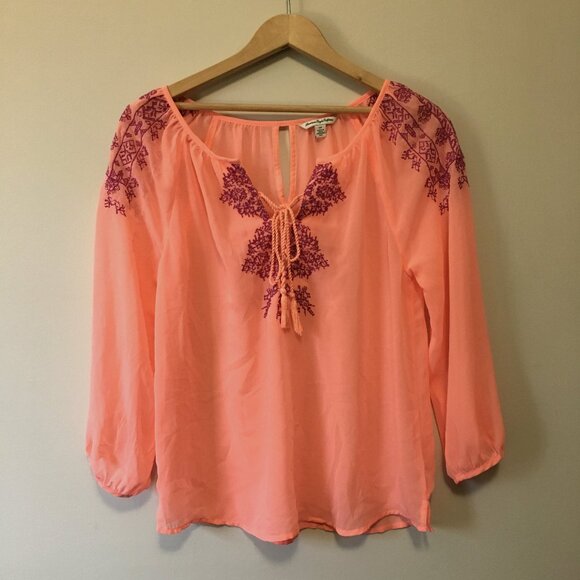 American Eagle Sheer Neon Orange Pink Bohemian Blouse - Picture 1 of 14